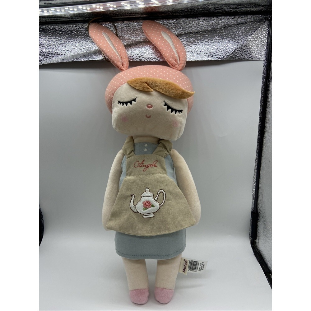 Metoo Angela  13" Bunny Rabbit Ears Sleeping Doll Plush Tea Pot Apron